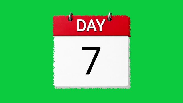 Day 7 calendar page flipping animation showing  on chroma key green screen background