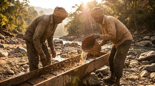 Two South Asian men panning for gold in a rocky riverbed using a wooden sluice box at sunrise, representing traditional mining, manual labor, and economic struggle in rural areas.