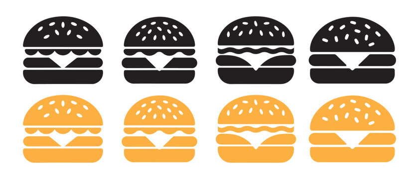 Set of black and orange burger icons representing fast food and tasty snacks for restaurant menu design.