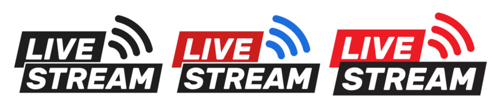 Set of live stream icons with signal waves in red, blue, and black colors. Broadcast symbols for online video and media.