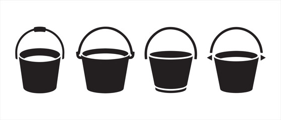 Obraz premium Set of four black bucket icons with handles in different simple shapes for cleaning and gardening work.