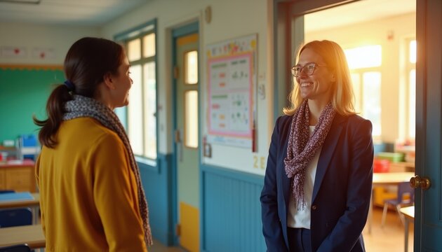 Teacher greets parent at school door. Woman educator smiles, welcoming visitor for conference. They talk in classroom hallway, discuss student progress and learning.