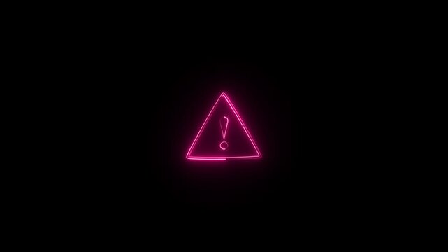 Neon pink warning triangle with exclamation mark, glowing hazard sign, digital alert symbol, safety caution bright magenta danger triangle