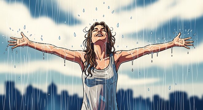 Woman in white dress with arms outstretched in city.