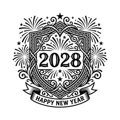Fototapeta premium 2028 happy new year heraldic shield graphic with fireworks and banner, heraldic