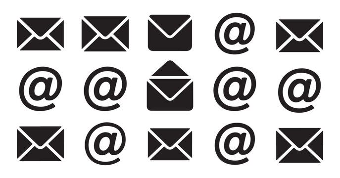 Email envelope and at sign icon set for electronic mail marketing and contact communication interface elements.