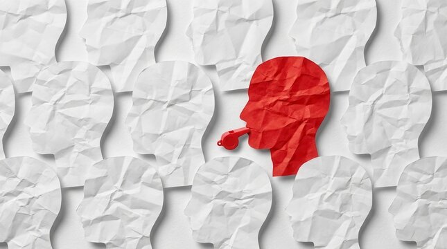 A red whistleblower employee profile stands out among white paper head silhouettes.
