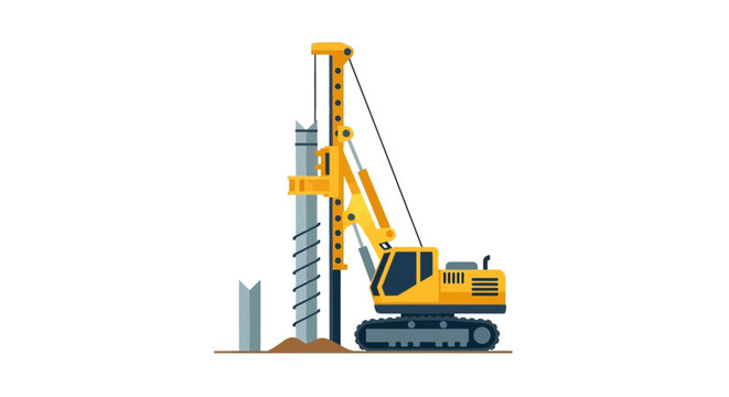 Yellow Construction Drilling Rig Vector Illustration, Pile Driver Machine for Building Foundation, Heavy Industrial Equipment Icon Isolated on White