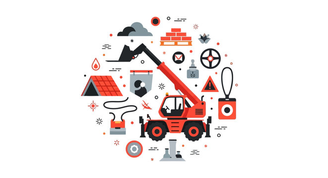 Modern Flat Vector Illustration of a Red Telehandler with Construction and Logistics Icons on White Background