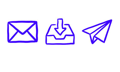 Fototapeta premium Set of hand drawn blue outline icons depicting email correspondence and file delivery with envelope airplane download communication business correspondence illustration creative transport