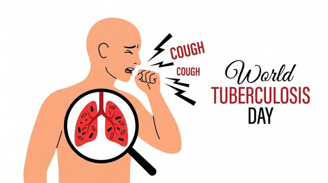 World Tuberculosis Day medical illustration, man coughing with infected lungs under magnifying glass, respiratory disease awareness concept