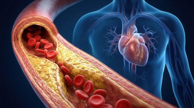 Medical illustration of a clogged artery showing plaque buildup and red blood cells.