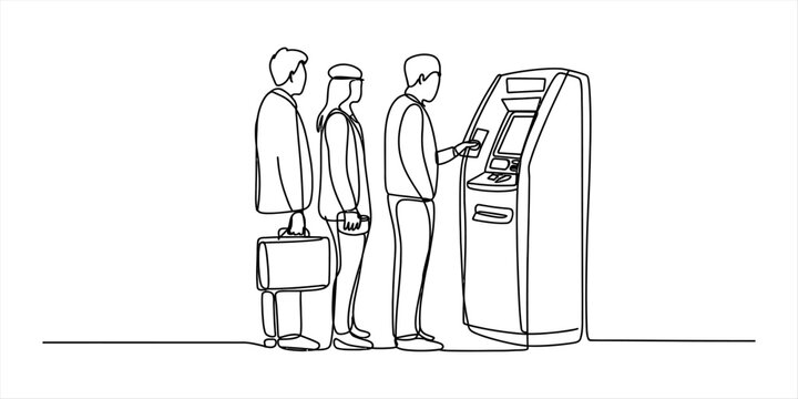 Continuous one line drawing of people standing in a queue waiting to use an atm machine for banking and financial services in a minimalist style