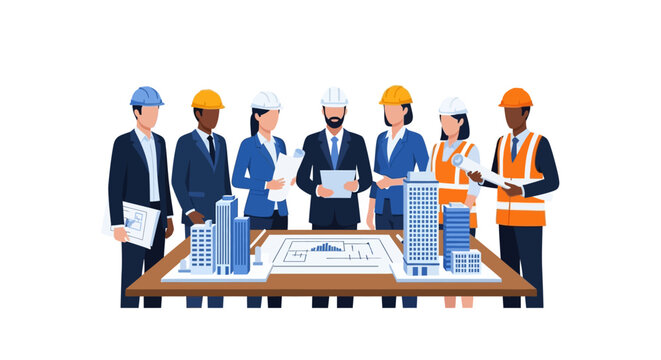 Diverse Team of Architects and Engineers Planning Urban Development with Blueprints and Building Models Flat Vector Illustration