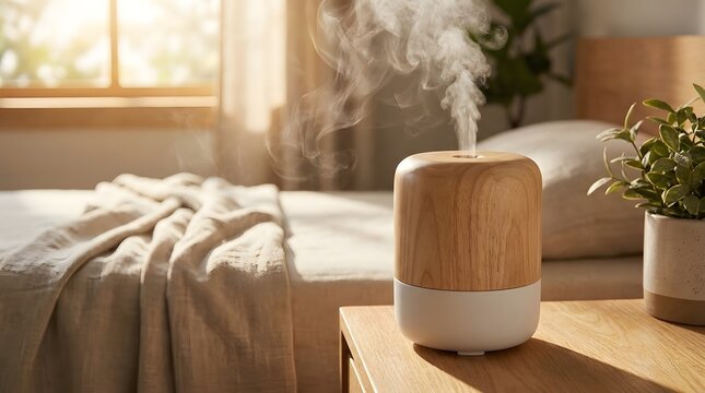 Modern wooden essential oil diffuser releasing fragrant mist in a sunlit bedroom setting captured with soft natural bright morning light
