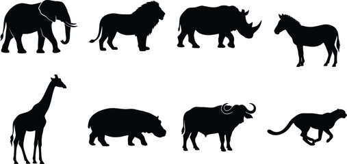 African safari animal silhouettes collection featuring elephant lion rhinoceros zebra giraffe hippopotamus buffalo and running cheetah vectors © MdShahadot