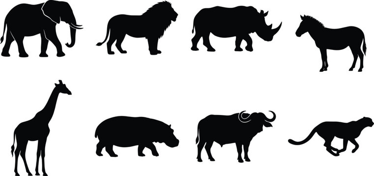 African safari animal silhouettes collection featuring elephant lion rhinoceros zebra giraffe hippopotamus buffalo and running cheetah vectors