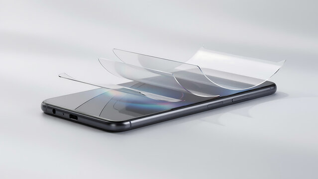 Transparent screen protector layers over a black smartphone showcasing a protective film application glass device mobile phone