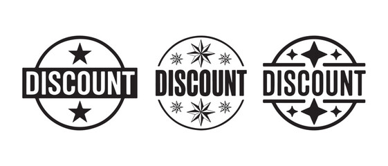 Obraz premium Set of three black round discount labels with star and sparkle symbols for retail sales and marketing.
