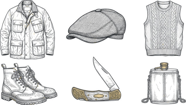 Vintage rugged workwear accessories vector set with retro woodcut style line art field jacket leather combat boots and pocket knife illustration