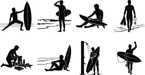 Collection of beach and surfing activity silhouettes featuring men waxing boards showering stretching and relaxing isolated on white background in image_8cc708.png © MdShahadot