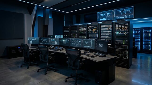 Modern Data Center Control Room with Multiple Monitors and Server Racks for Network Operations and IT Security Monitoring