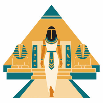 Ancient Egyptian Queen Walking Toward Great Pyramid with Sphinx Statues and Hieroglyphs Illustration.