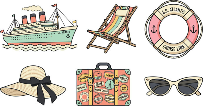 Vintage cruise ship vacation vector set with flat cartoon ocean liner deckchair lifebuoy life ring straw sun hat sticker suitcase and cat eye sunglasses illustration