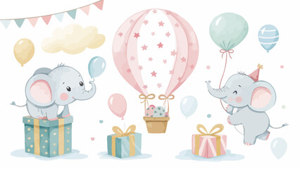 Obraz premium Cute baby elephants with hot air balloon, gift boxes and balloons, birthday party celebration elements, watercolor style illustration