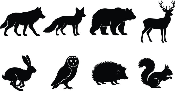 Collection of forest animal silhouettes featuring wolf fox bear deer rabbit owl hedgehog and squirrel isolated on white background