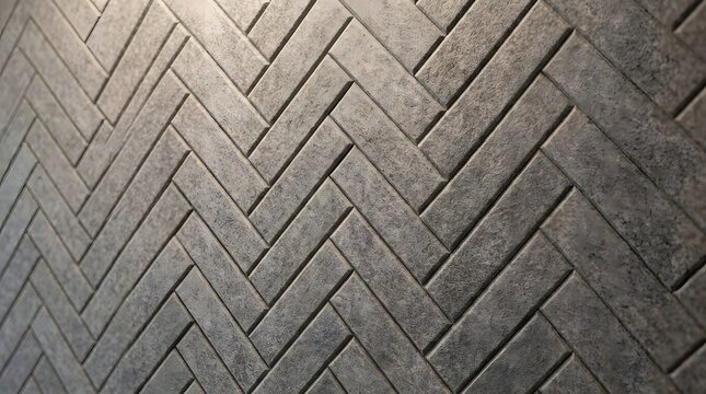 Close up of a textured grey herringbone stone tile wall pattern featuring soft natural lighting and a sharp shallow depth