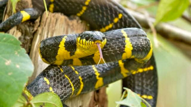 Golden ring snake on a tree Boiga dendrophila, also known as the mangrove snake.