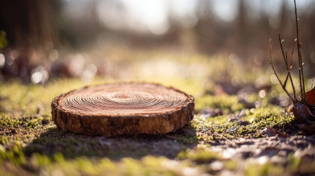 Tree Trunk Slice With Growth Rings on Forest Floor