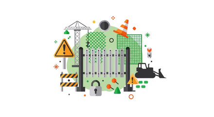 Naklejka premium Flat Vector Illustration of Construction Site Infrastructure and Industrial Safety Equipment with Crane, Bulldozer, Fence, and Warning Signs