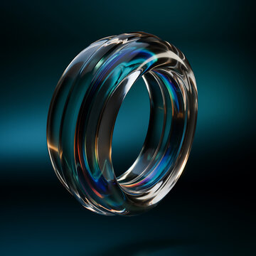 Iridescent toroidal object with layered rings a 3d rendering against a dark teal background toroid ring circle