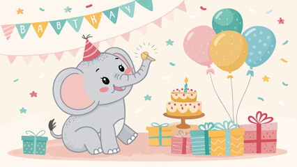 Obraz premium Cute baby elephant celebrating birthday with cake, balloons and gifts, cartoon vector illustration for kids party invitation, greeting card or poster