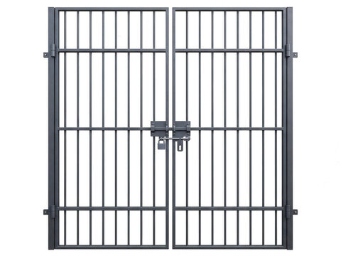 A pair of secure, industrial double metal gates with a central locking mechanism isolated on white background