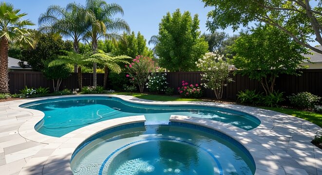 Luxury swimming pool and hot tub in beautiful landscaped backyard