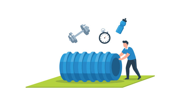 Fitness trainer rolling a large blue foam roller on a green mat with workout accessories floating above.