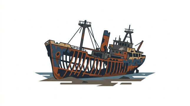 Old rusty shipwreck abandoned at sea on white background.