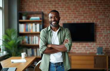 Fototapeta premium Smiling middle-aged Black man in casual clothes stands with arms crossed in a modern home office. He looks confidently at camera. Bookshelf and plant visible.
