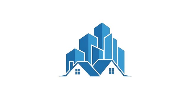 Modern blue houses and city skyline real estate logo concept