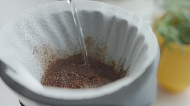 Hot water pours over ground coffee inside paper filter in coffee dripper. Concept of pour over coffee and filter brewing