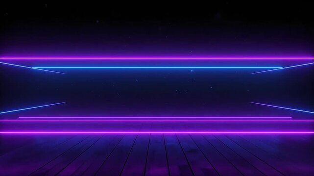 Futuristic neon stage with glowing purple and blue light lines on dark wooden floor