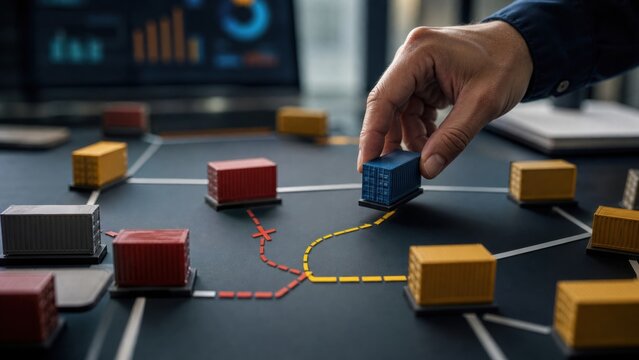risk management governance optimization. Hand placing a miniature cargo container on a digital logistics map with various shipping routes and containers.