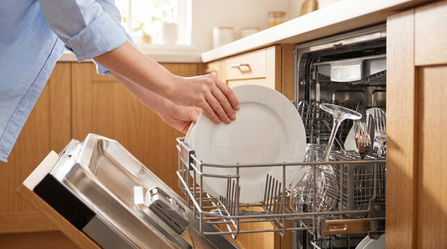 Person taking a clean white plate from an open dishwasher in a bright wooden kitchen, showing fresh dishes, home organization and daily kitchen routine