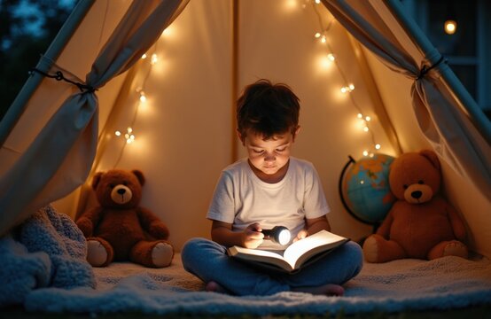 Boy reads book with flashlight inside tent at night. Teddy bears and globe nearby. String lights create cozy atmosphere for childs imaginative adventure.