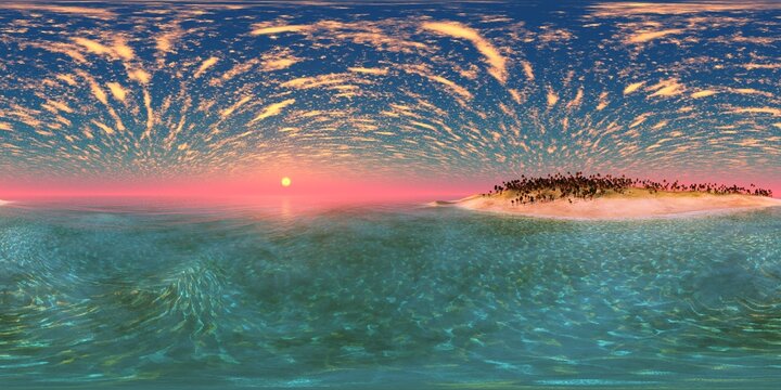 panorama of sea sunset. Environment map. HDRI map. Equirectangular projection. Spherical panorama. landscape 3d rendering, equidistant projection, sea sunset