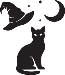 Naklejka premium Halloween Witch Cat Moon Silhouette Vector Illustration