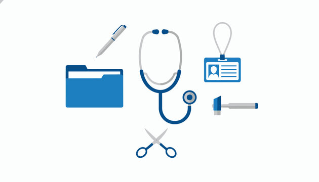 Medical equipment collection containing stethoscope, blue folder, pen, ID badge, scissors, and reflex hammer.